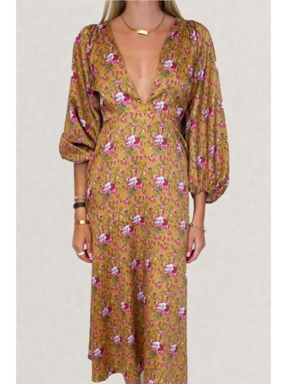 LoveShackFancy Mustard Kinnear Floral Long Sleeve V-Neck Midi Dress Size 6 Chic